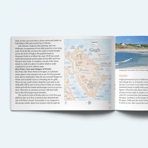 Pages from our Scilly Island by Island book on St Agnes showing a detailed map of Gugh. The facing page shows the sand bar between Gugh and St Agnes as waves are breaking over it.