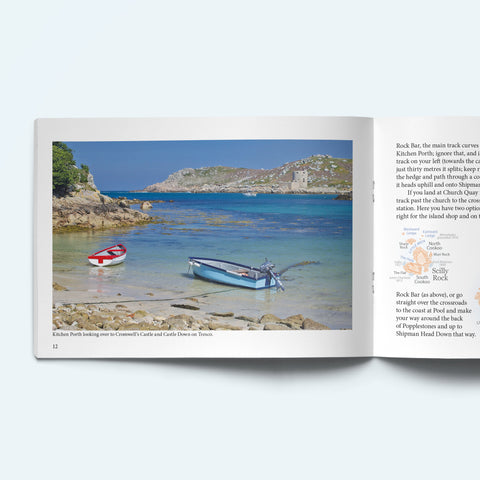 Pages from our Scilly Island by Island book on Bryher showing boats close to the beach at Kitchen Porth. Cromwell's Castle on Tresco is in the background.