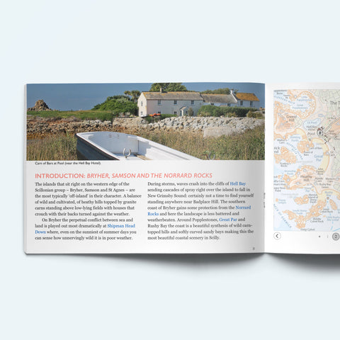 Pages from our Scilly Island by Island book on Bryher showing the houses at Carn of Bars near the Hell Bay Hotel. A rowing boat is in the foreground. The facing page shows a detailed map of Bryher.