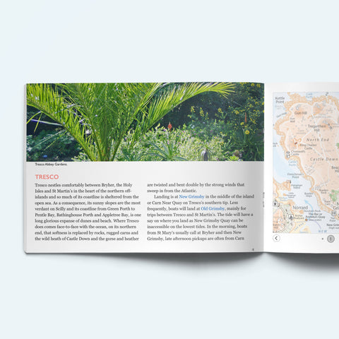 Pages from our Scilly Island by Island book on Tresco showing palms in the Abbey Gardens. The facing page has a detailed map of the north end of Tresco.