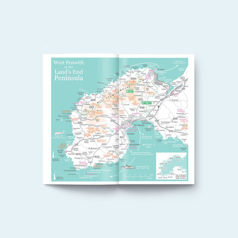 Internal pages of Friendly Guides Land's End Guidebook showing a location map of the Land's End Peninsula (West Penwith)