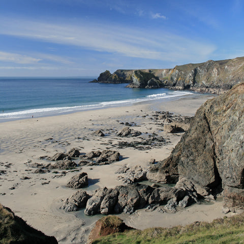 Photo from Friendly Guides Lizard Guidebook showing Pentreath Beach near Kynance Cove on the Lizard Peninsula in West Cornwall