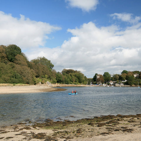 Photo from Friendly Guides Helford Guidebook of people kayaking along Gillan Creek from St Anthony in Meneage. Kayak hired from Sailaway St Anthony.