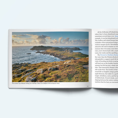 Pages from our Scilly Island by Island book on Bryher showing the wild heathland of Shipman Head Down in the evening light.