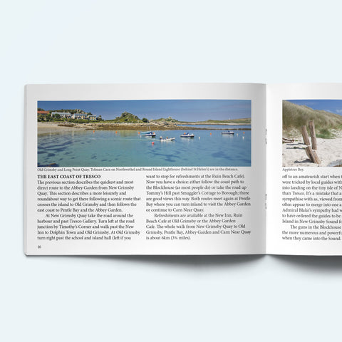 Pages from our Scilly Island by Island book on Tresco showing boats in Old Grimsby Harbour.