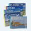 Shows the covers of all five Scilly Island by Island books. The main picture shows the Loaded Camel rock at Porth Hellick on St Mary's.