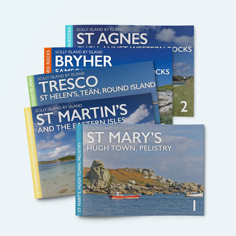 Shows the covers of all five Scilly Island by Island books. The main picture shows the Loaded Camel rock at Porth Hellick on St Mary's.