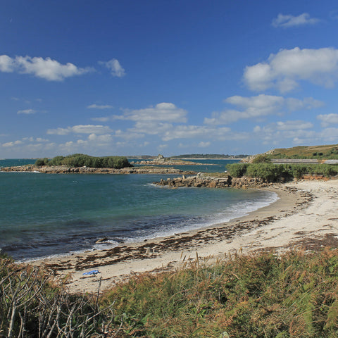 Photo from Friendly Guides Isles of Scilly Guidebook showing Shark's Pit beach on St Marys