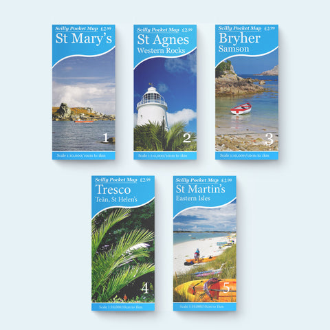 Scilly Pocket Map Collection, all five maps St Mary's, St Agnes, Tresco, Bryher, St Martin's