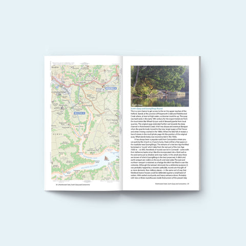 Pages from the Helford Guidebook showing a map of North Helford between Constantine and Scott's Quay on Polwheveral Creek and the Potager Garden. A photo shows people at Scott's Quay.