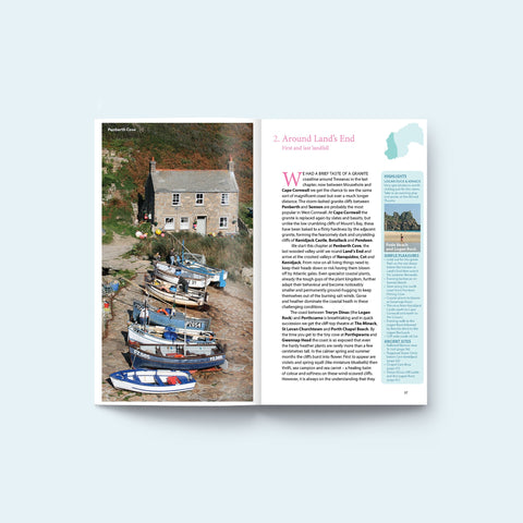 Internal pages of Friendly Guides Land's End Guidebook - photo of Penberth Cove near the Logan Rock